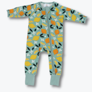 Baby romper with yellow and orange lemon pattern